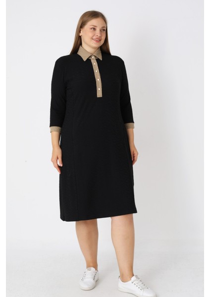 Siyah Desenli Truvakar Kollu Düğmeli Jakarlı Kumaş Kadın Büyük Beden Elbise modelleri