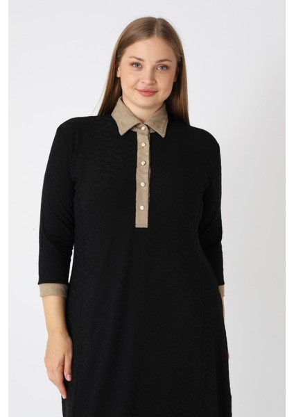 Siyah Desenli Truvakar Kollu Düğmeli Jakarlı Kumaş Kadın Büyük Beden Elbise indirimleri