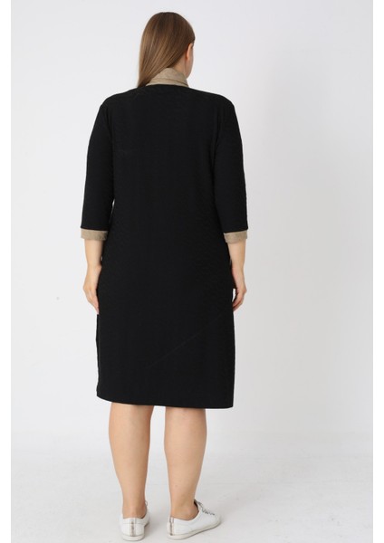 Siyah Desenli Truvakar Kollu Düğmeli Jakarlı Kumaş Kadın Büyük Beden Elbise