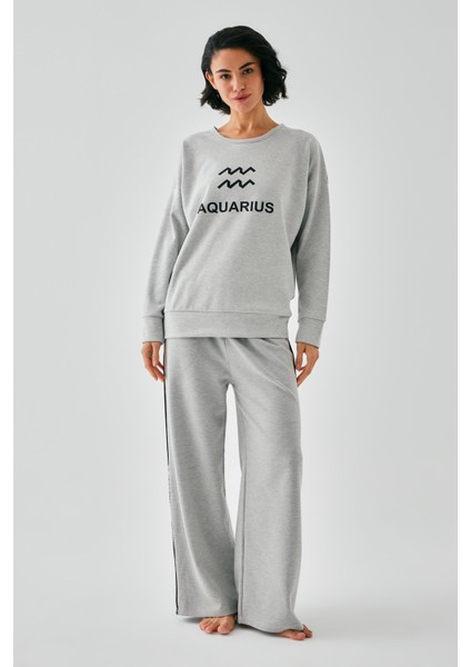 Kadın Gri Kova Burcu Oversize 2 Iplik Eşofman Ev Giyim Takımı