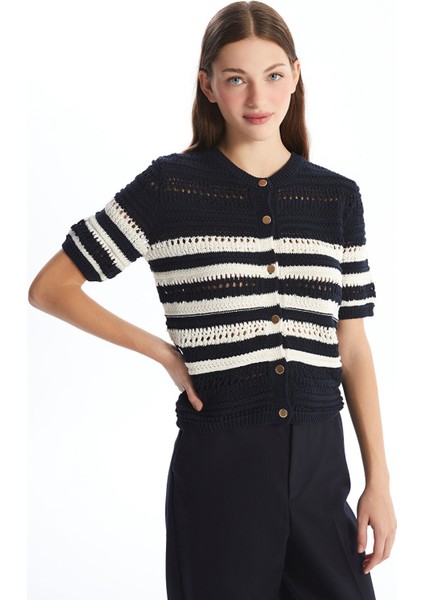 Yeni Sezon Bisiklet Yaka Ajurlu Kısa Kollu Kadın Triko Hırka