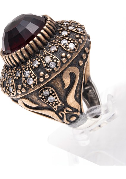 Kırmızı Taşlı Antik Dokulu 925 Ayar Gümüş Erkek Yüzük – Gösterişli Bir Parça fırsatları