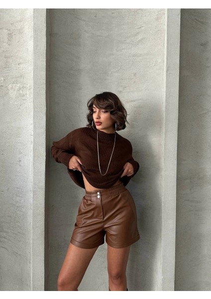 Sptrns Beli Lastikli Çıtçıtlı Deri Şort Kahve W241007 (Beden: S) fiyatları