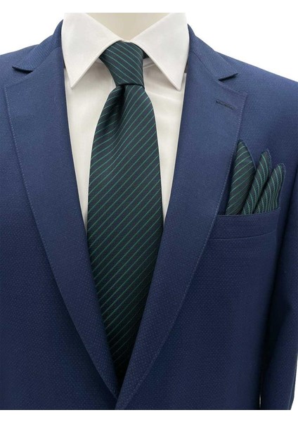 7.5 cm Lacivert Yeşil Çizgili Kravat Mendil Set