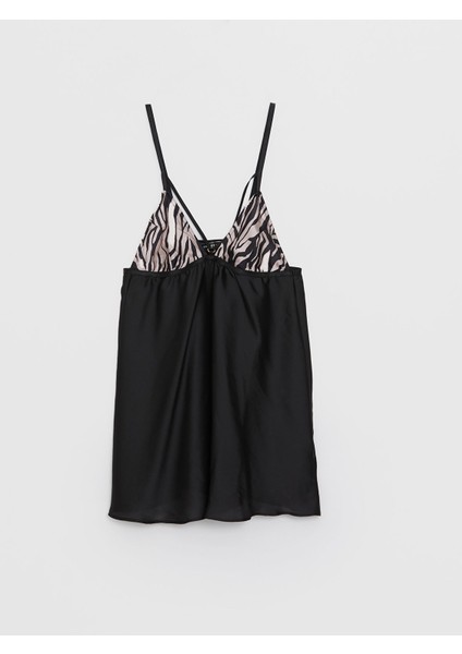 Yeni Sezon V Yaka Desenli Askılı Saten Kadın Fantezi Gecelik