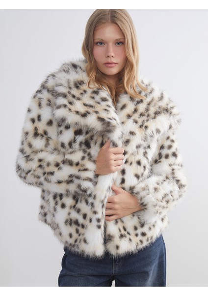 Yeni Sezon Ceket Yaka Leopar Desenli Kadın Kürk Mont