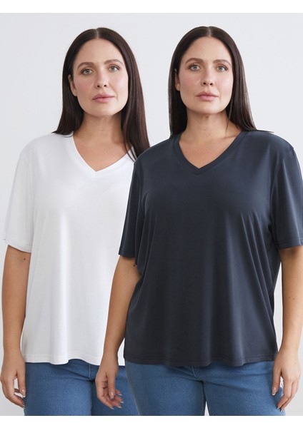 Yeni Sezon Büyük Beden V Yaka Kadın Tişört 2'li
