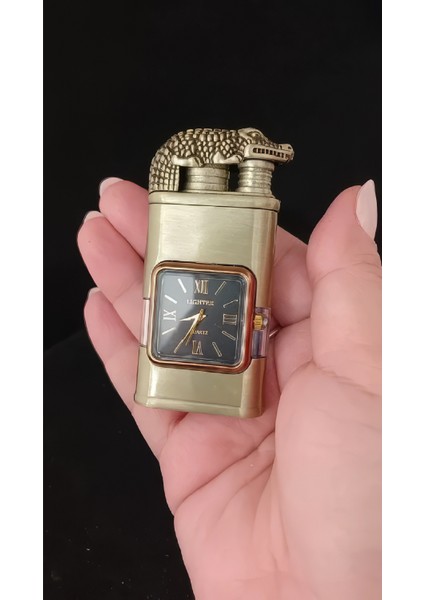 Timsah Başlıklı Antik Gold Saatli Çakmak