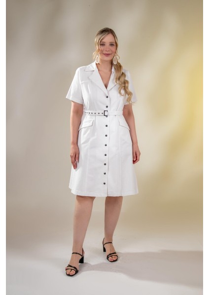 Kadın Büyük Beden Kemerli Gabardin Beyaz Elbise modelleri