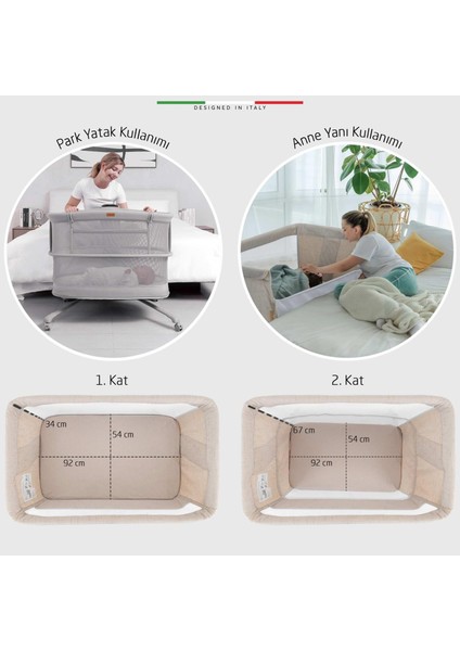 Lettino 4in1 Xl Büyüyebilen Anne Yanı Bebek Beşik Park Yatak 0-100 kg Bej