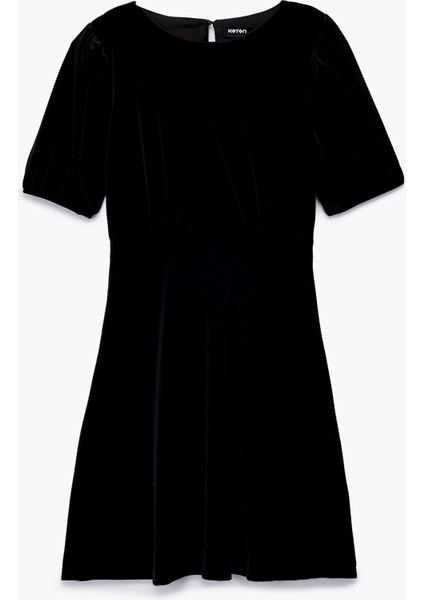 Kısa Kollu Bisiklet Yaka A Kesim Kadife Mini Elbise