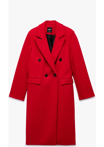 Uzun Kollu Düğmeli Kruvaze Uzun Kaşe Kaban