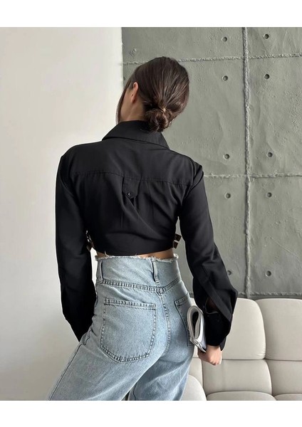 Sptrns Yanı Kemer Detaylı Crop Gömlek Siyah S4009 (Beden: 38) fırsatları