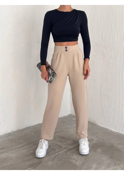 Yzlal Örme Krep Pantolon Çift Düğmeli Bej (Beden: Xl) indirimleri