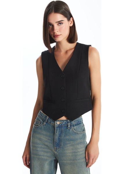 Yeni Sezon Kadın V Yaka Düz Klasik Yelek