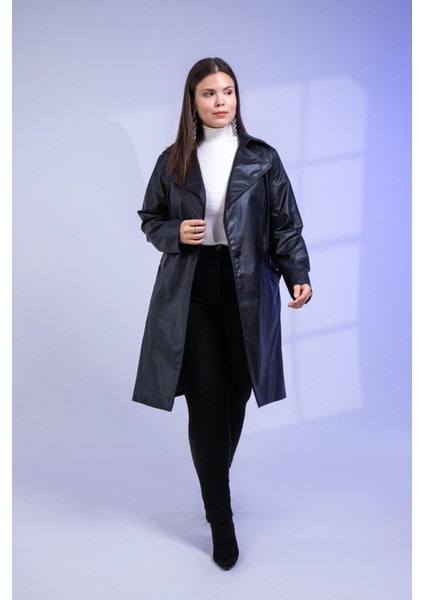 Büyük Beden Kemerli Uzun Deri Ceket Siyah