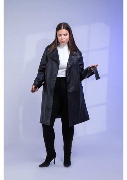 Büyük Beden Kemerli Uzun Deri Ceket Siyah fiyatları