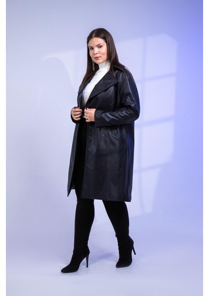 Büyük Beden Kemerli Uzun Deri Ceket Siyah modelleri