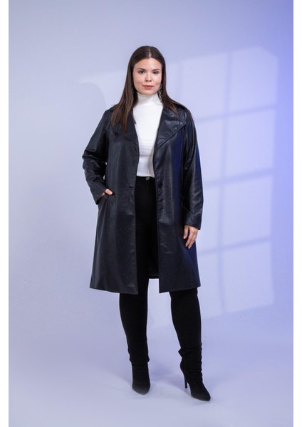 Büyük Beden Kemerli Uzun Deri Ceket Siyah fırsatları