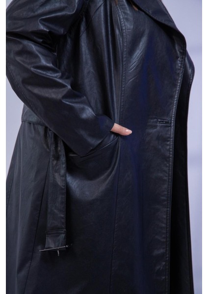 Büyük Beden Kemerli Uzun Deri Ceket Siyah indirimleri