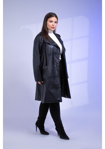 Büyük Beden Kemerli Uzun Deri Ceket Siyah