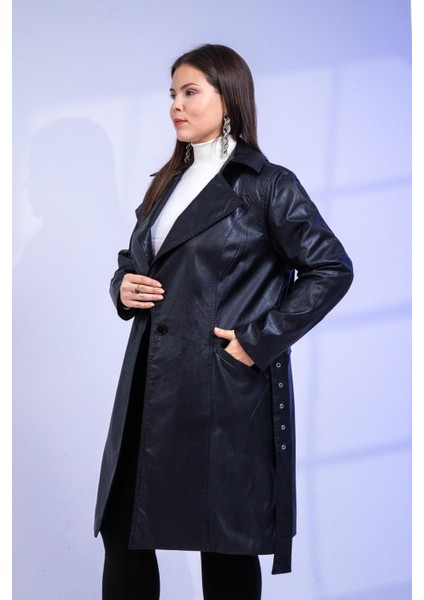 Büyük Beden Kemerli Uzun Deri Ceket Siyah