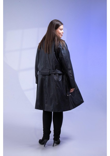 Büyük Beden Kemerli Uzun Deri Ceket Siyah