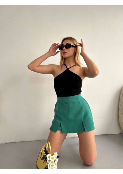 Sptrns Çift Yırtmaçlı Atlas Şort Etek Yeşil S240364 (Beden: S) fiyatları