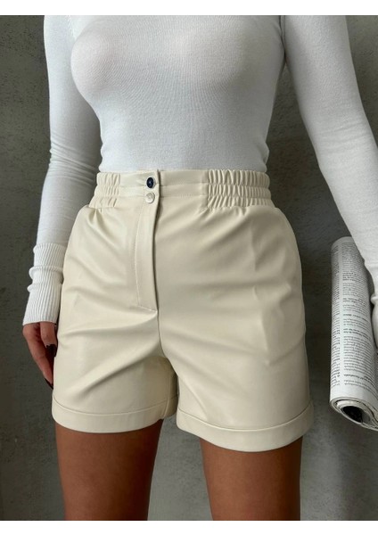 Sptrns Beli Lastikli Çıtçıtlı Deri Şort Krem W241007 (Beden: L)