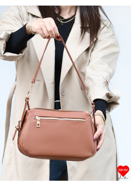 Sofia 3 Bölmeli Yumuşak Deri Çift Askılı Baget ve Omuz Çantası