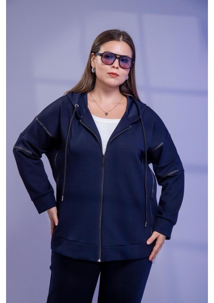 Kadın Büyük Beden Grogrenli-Fermuarlı Kapşonlu Lacivert Sweat