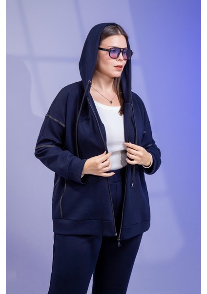 Kadın Büyük Beden Grogrenli-Fermuarlı Kapşonlu Lacivert Sweat modelleri