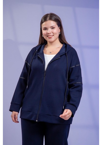 Kadın Büyük Beden Grogrenli-Fermuarlı Kapşonlu Lacivert Sweat indirimleri