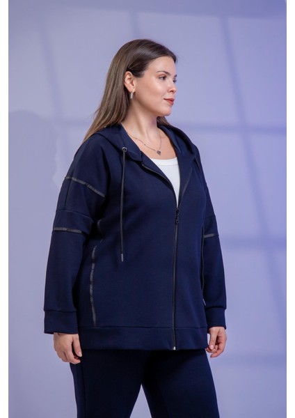 Kadın Büyük Beden Grogrenli-Fermuarlı Kapşonlu Lacivert Sweat