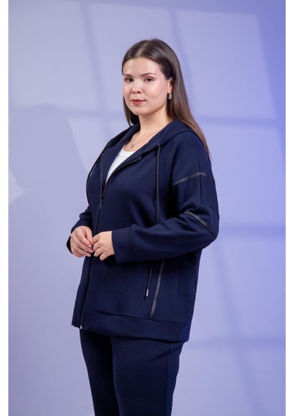 Kadın Büyük Beden Grogrenli-Fermuarlı Kapşonlu Lacivert Sweat