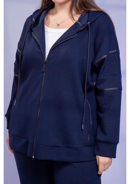 Kadın Büyük Beden Grogrenli-Fermuarlı Kapşonlu Lacivert Sweat
