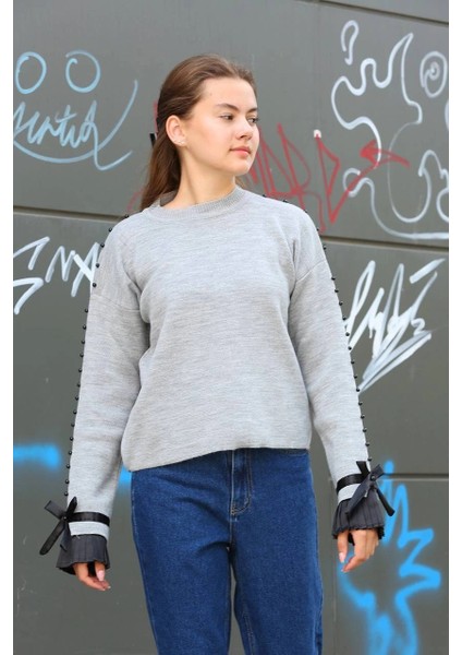 Sptrns Boncuklu Bile Detaylı Kazak Gri (Beden: Standart) modelleri