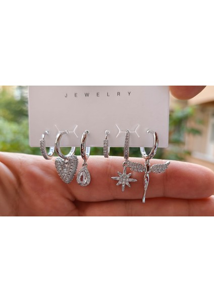 Çelik Melek Detaylı Çoklu Küpe Seti