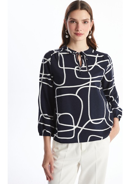 Yeni Sezon Bağlamalı Yaka Desenli Kadın Bluz