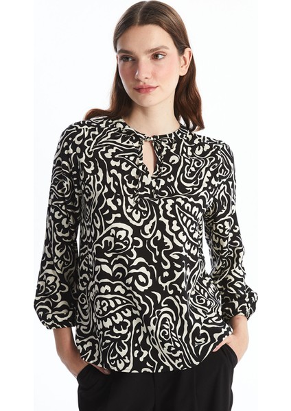 Yeni Sezon Bağlamalı Yaka Desenli Kadın Bluz