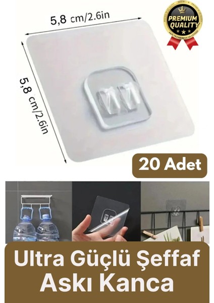 20 Adet Süper Güçlü Şeffaf Iz Bırakmaz Suya Dayanıklı Banyo Duş Mutfak Tablo Raf Tutucu Askı Kanca