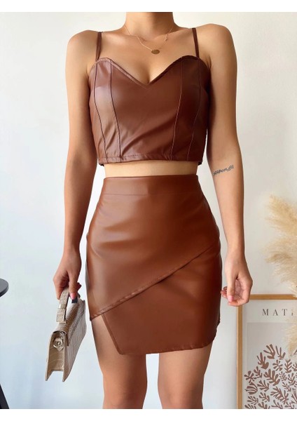 Sptrns Kapaklı Asimetrik Model Deri Etek Kahve S240106 (Beden: M)