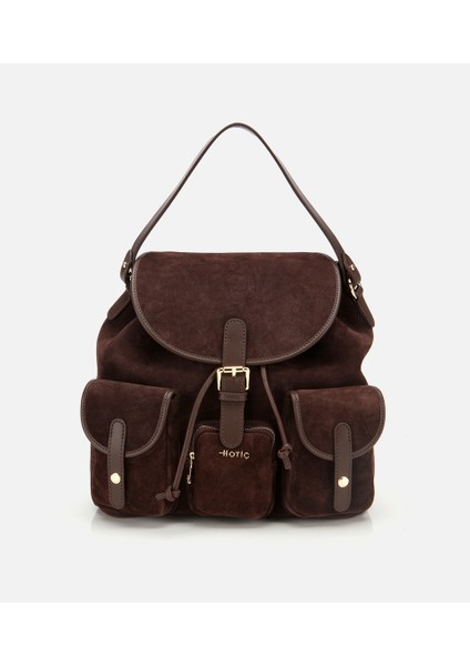 03CAH316410A480 KADIN Süet Deri Kahverengi Cepli Tokalı Sırt Çantası