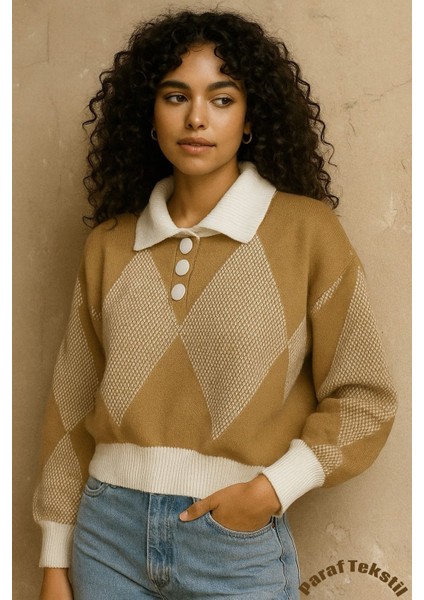 Kadın Oversize Renkli Baklava Desen Triko Kazak