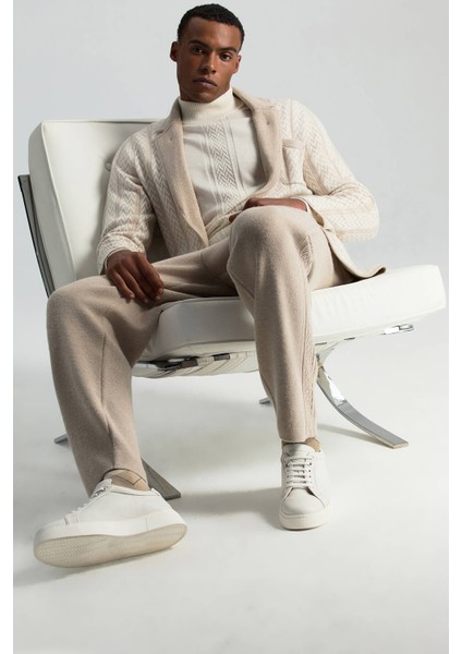 Kaşmir-Ipek-Yün Karışım M Desenli Açık Bej Triko Pantolon