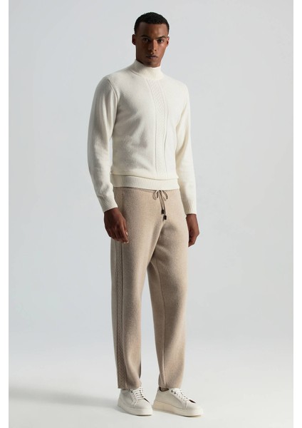 Kaşmir-Ipek-Yün Karışım M Desenli Açık Bej Triko Pantolon fiyatları