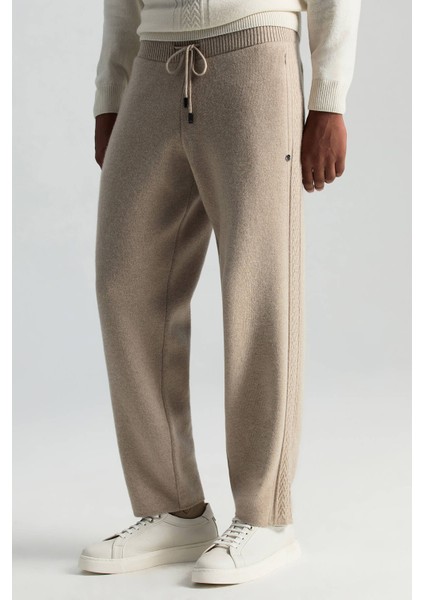 Kaşmir-Ipek-Yün Karışım M Desenli Açık Bej Triko Pantolon modelleri