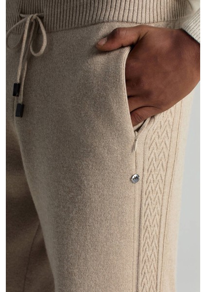 Kaşmir-Ipek-Yün Karışım M Desenli Açık Bej Triko Pantolon indirimleri