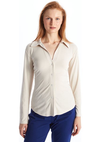 Yeni Sezon Gömlek Yaka Düz Uzun Kollu Kadın Pijama Üstü