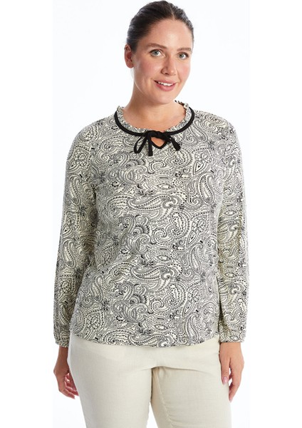 Yeni Sezon Bağlamalı Yaka Desenli Kadın Bluz